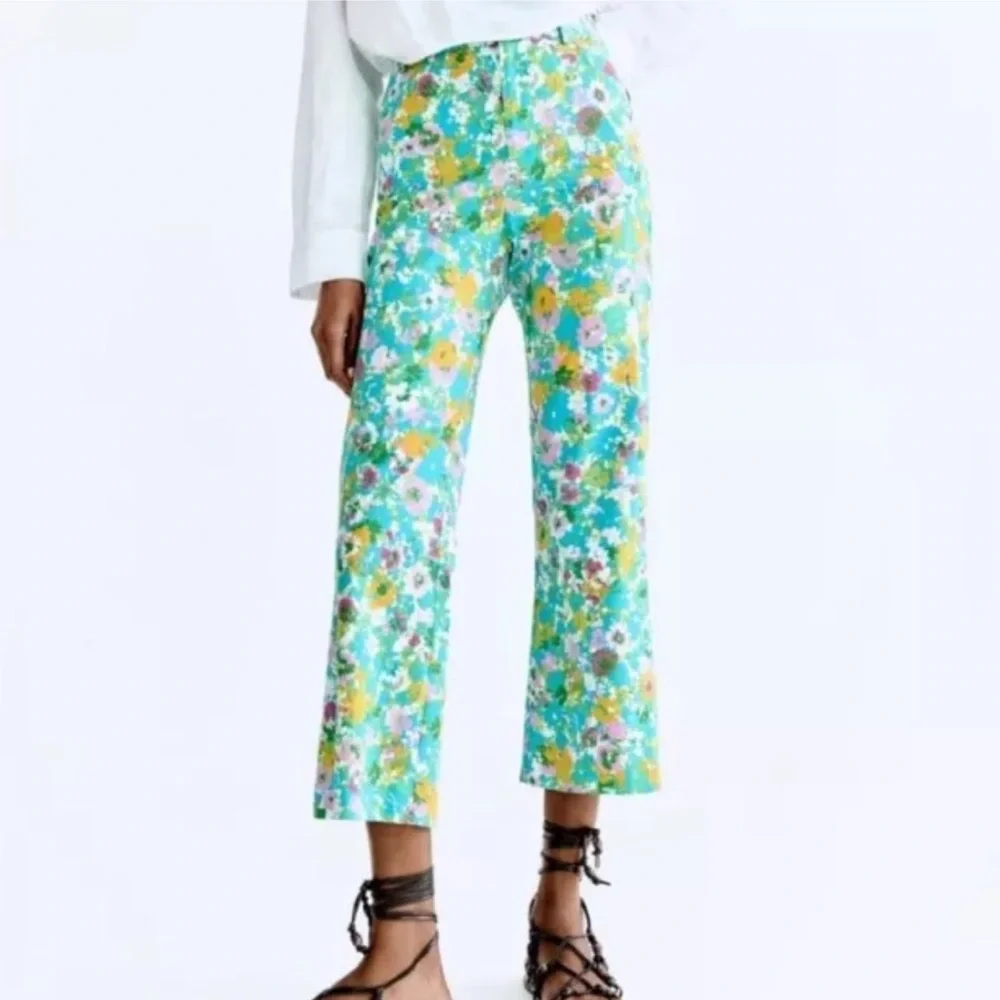 ZARA Blue Floral Linen Blend Mini Flare Cropped Trouser Pant 4